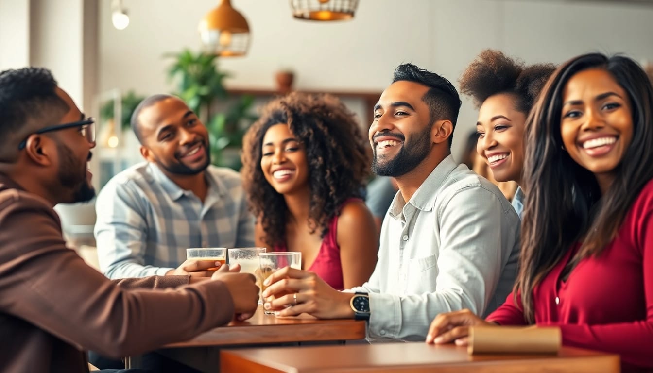 Engaging scene of diverse singles and couples enjoying an open-minded dating environment, representing OKFUN COM.