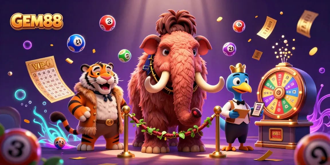 Engage in the GEM88 casino experience with a vibrant and dynamic 3D illustration of a massive casino scene featuring animals and lottery elements.