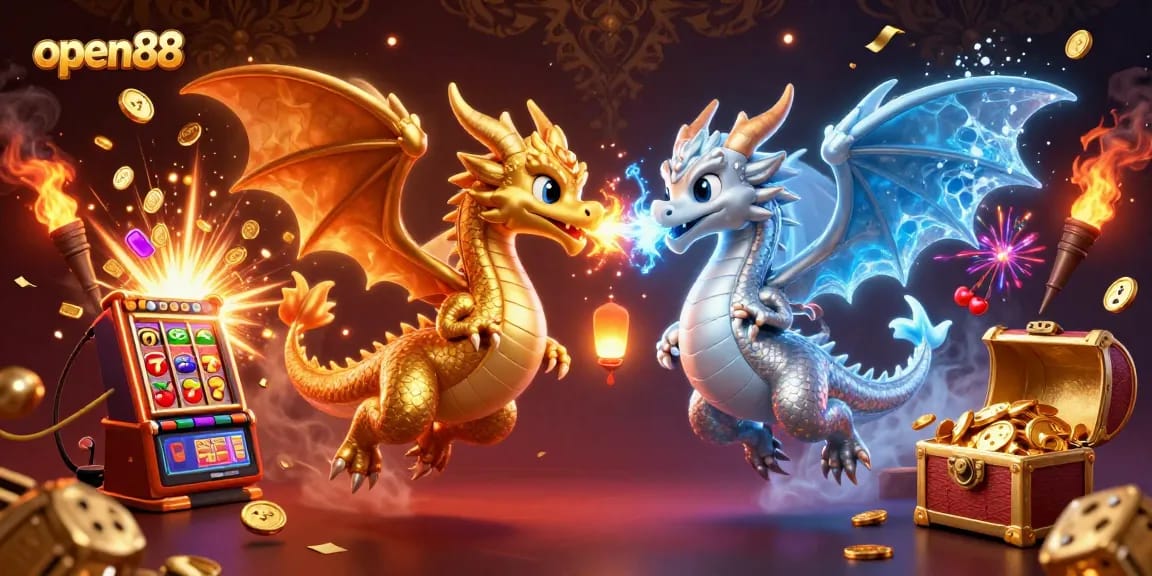 Experience big wins at open88 with an ultra-detailed scene of golden and silver dragons representing luck and prosperity.