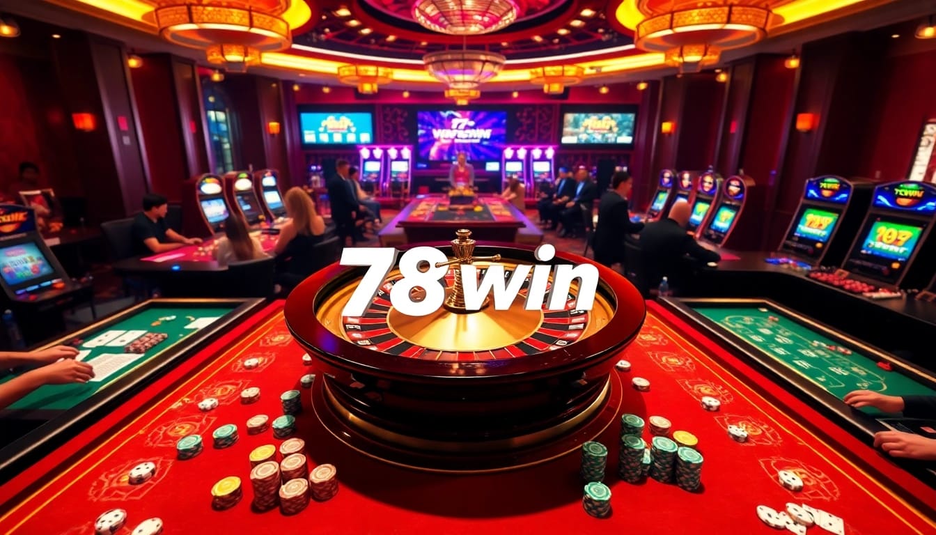 Exciting casino atmosphere at 78win featuring roulette, cards, and players engaging in thrilling games.
