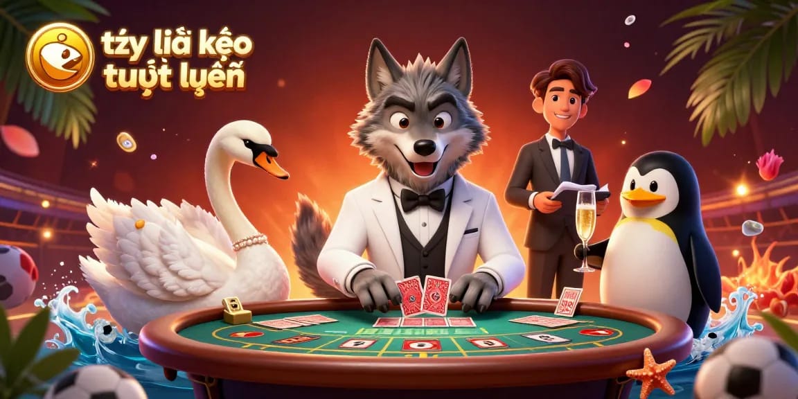 Experience tỷ lệ kèo trực tuyến with vibrant illustrations of a debonair wolf, an elegant swan, and a sophisticated penguin presenting a lively sports betting scene.