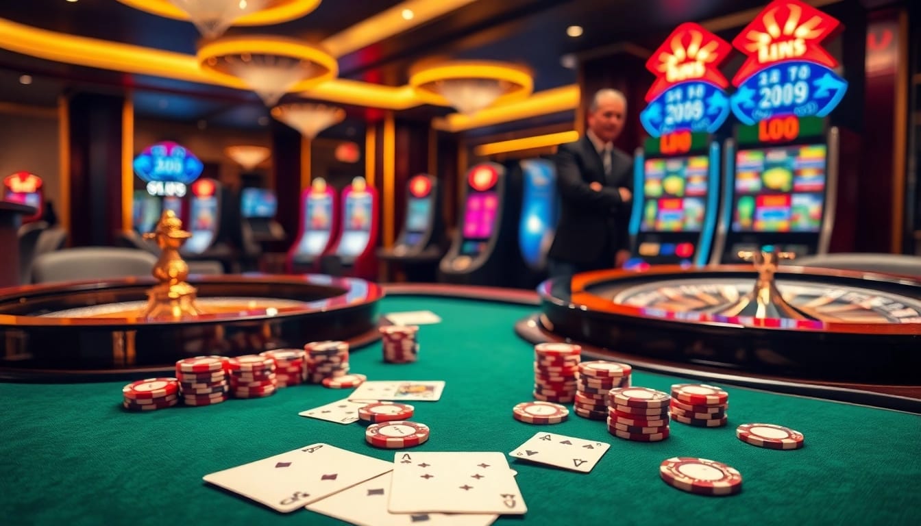 Experience high-stakes action with LUCK8 at a luxurious casino table showcasing poker chips and cards.