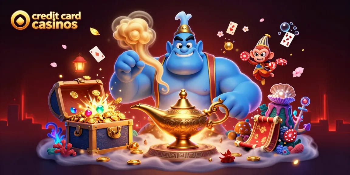 Experience the thrill of credit card casinos with our magical scene featuring a genie and treasure.