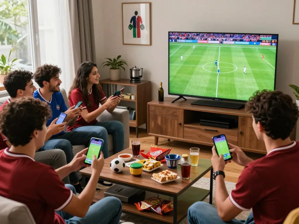 Group of friends enjoying web cá cược bóng đá while watching a live soccer match, highlighting the excitement of online sports betting.