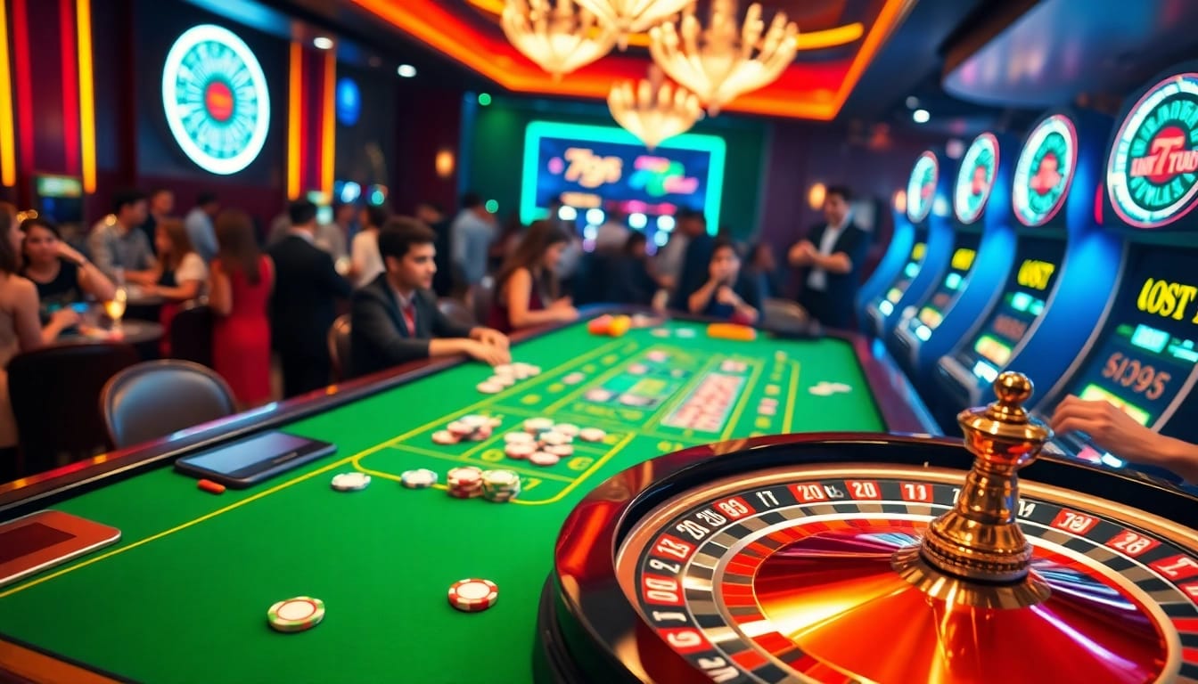 Experience the excitement of 789club with vibrant casino gaming tables and slot machines.