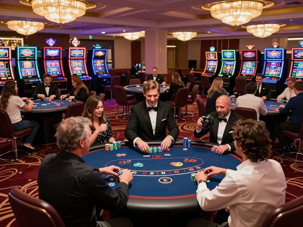 Luck8 players actively strategizing at a luxurious poker table, surrounded by lively casino ambiance.