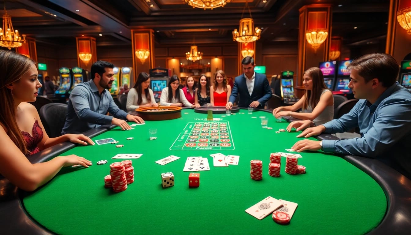 Action-packed casino scene with players exploring link kuwwin options amidst vibrant games.