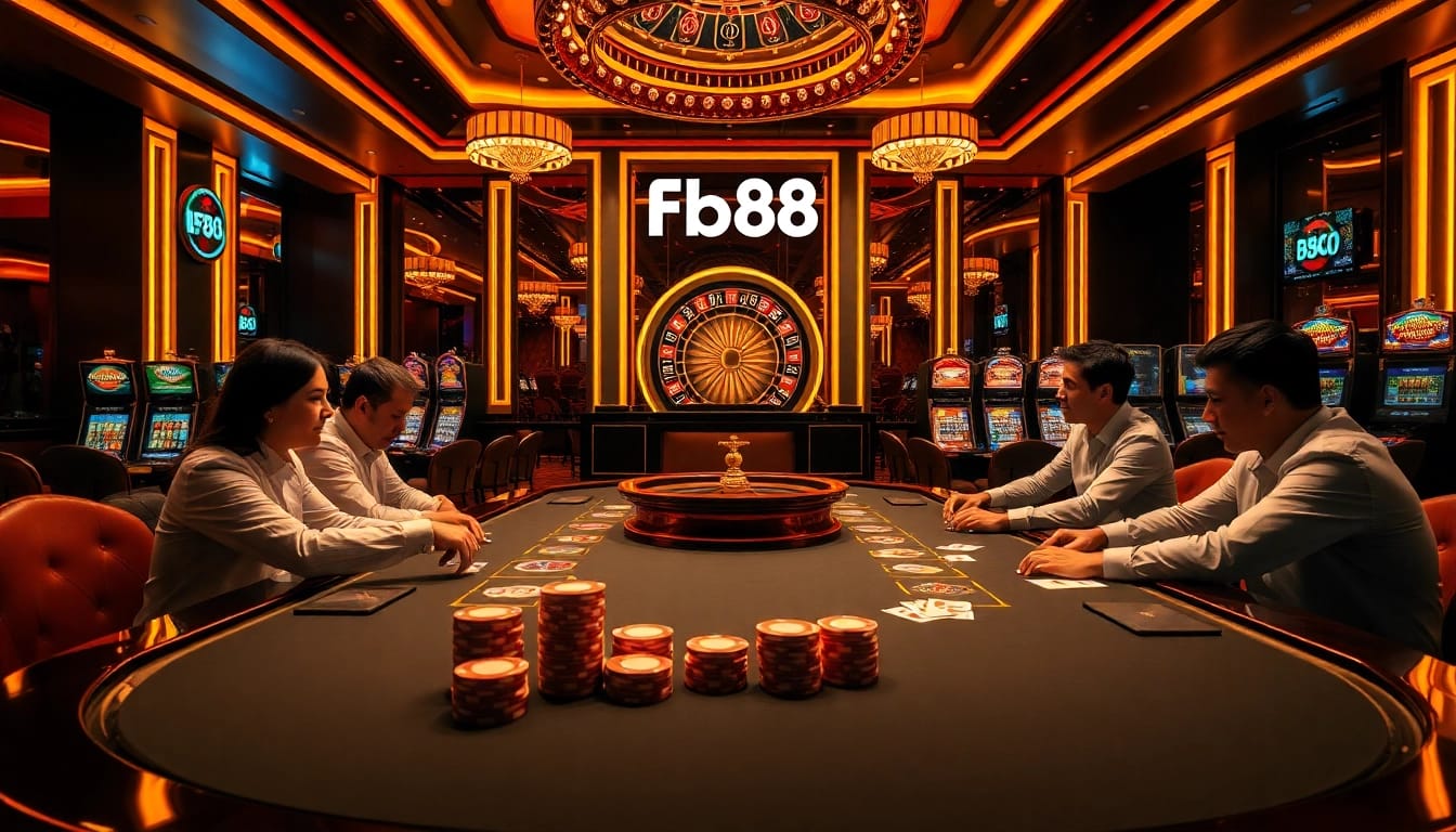 Experience the thrill of Baccarat at Fb88, with vibrant poker chips and competitive players.