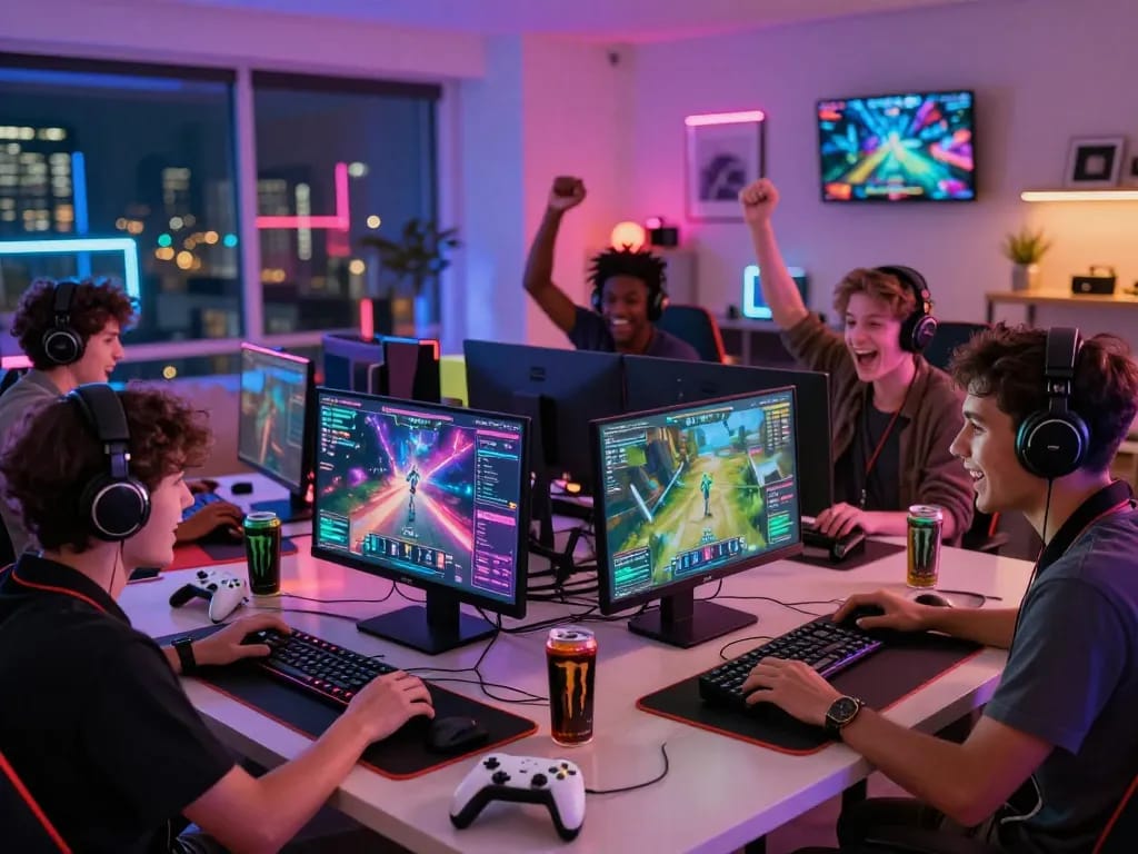 Dynamic gaming scene showcasing players enjoying the vibrant interface of https://hitclub68s.com/ with excitement and modern accessories.