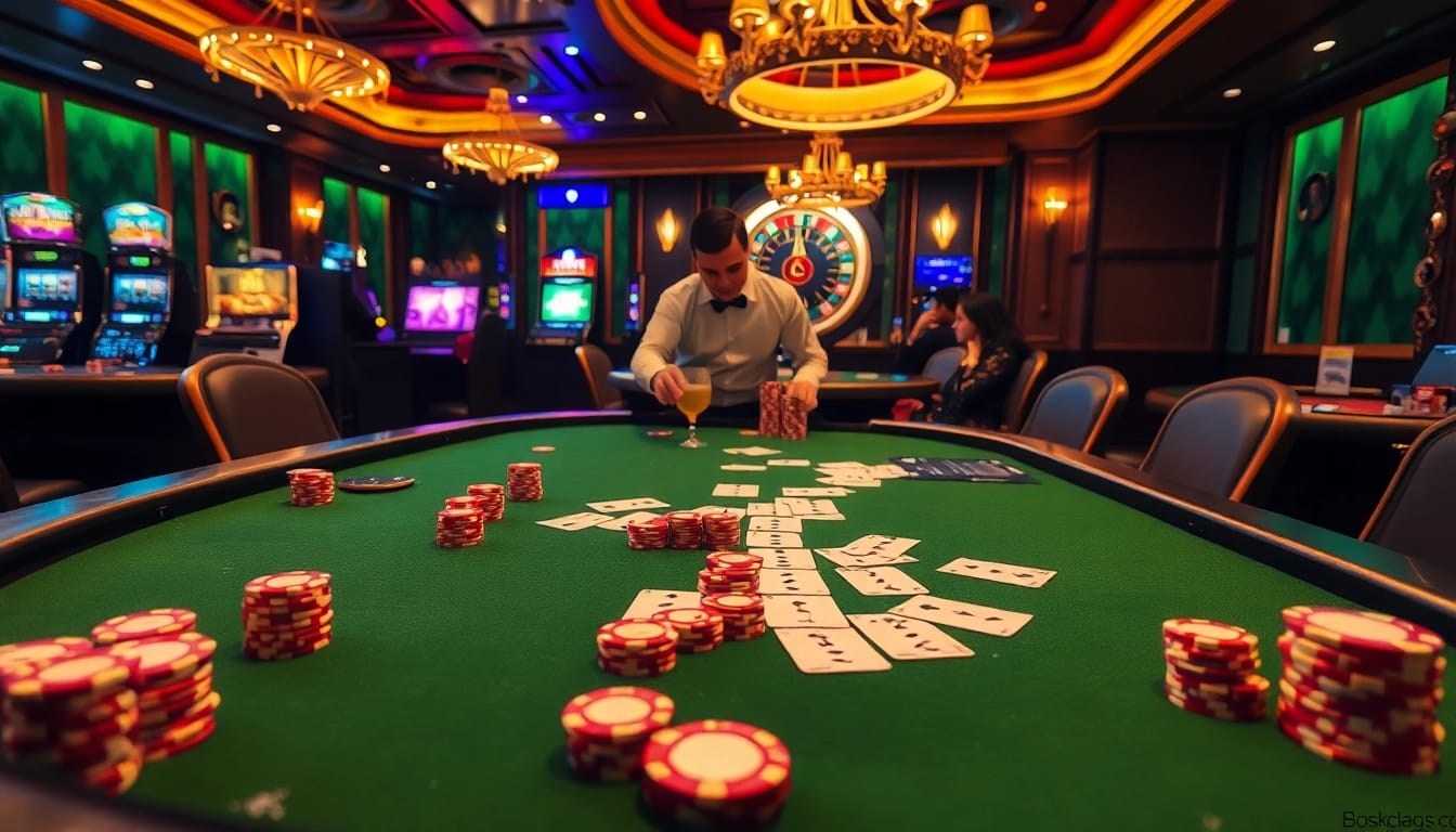 Engage in high-stakes gaming action at a PG99-themed poker table in a lavish casino setting.