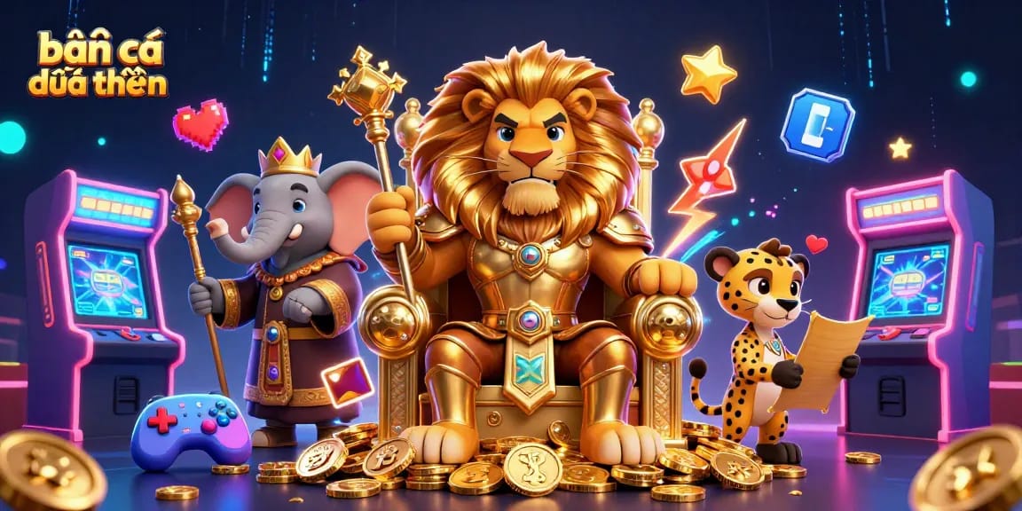 Engage in bắn cá đổi thưởng with lively 3D characters in a vibrant casino-themed illustration.