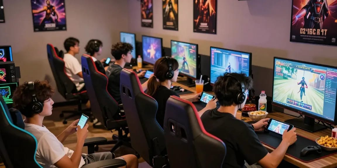 Players enjoying a real porn game in a vibrant lounge atmosphere, showcasing diverse gaming setups and interactive experiences.