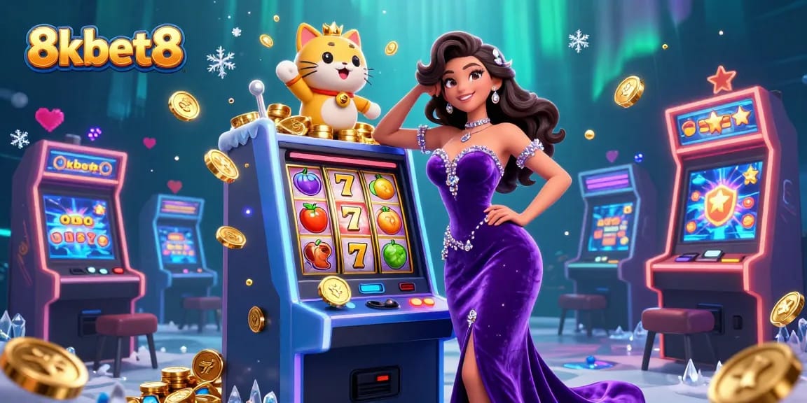 Play slots and win big with 8kbet8 in an exciting casino illustration featuring vibrant elements.