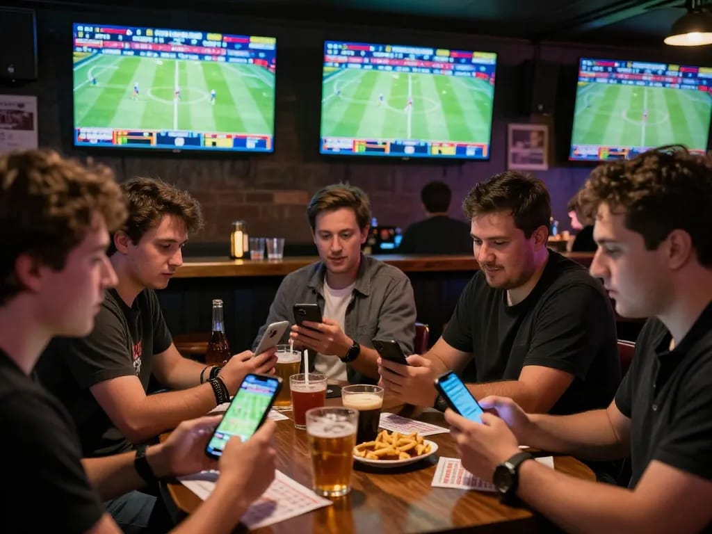 Betting on tỷ lệ kèo trực tuyến during an exciting sports match at a bar, showcasing a lively betting atmosphere
