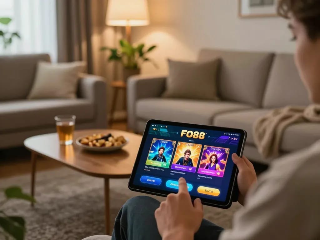 Player enjoying online gaming experience on FO88’s platform in a cozy home setting.