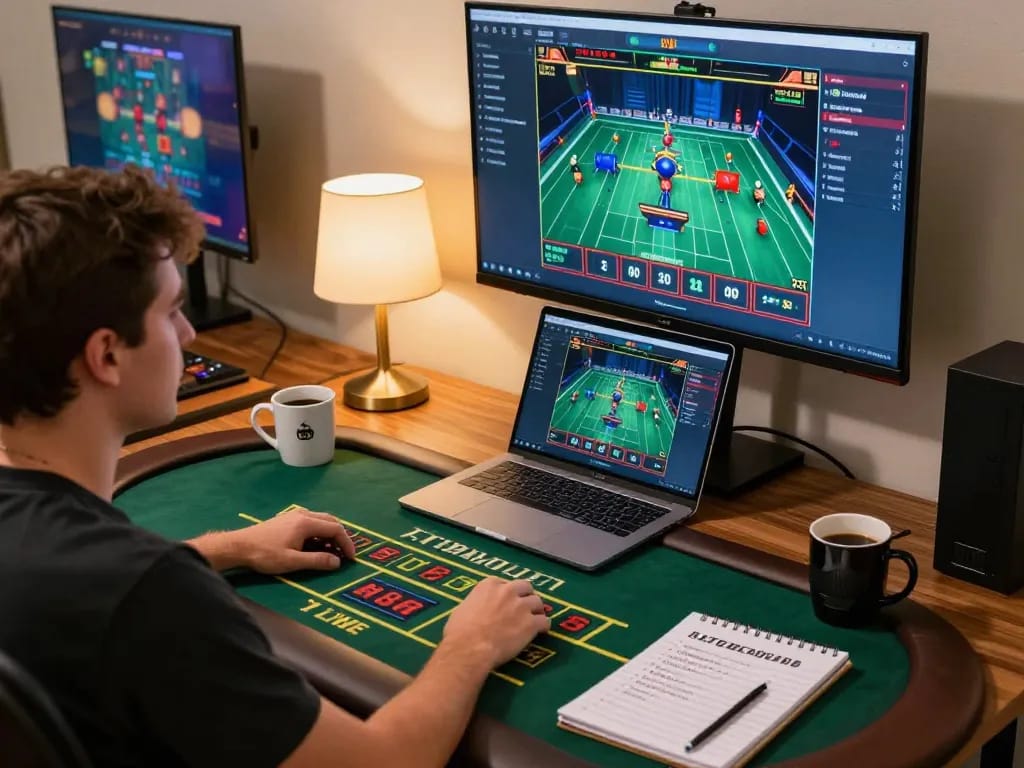 Player engaging in live casino games at home using Nhà cái FLY88 for an exhilarating online gambling experience