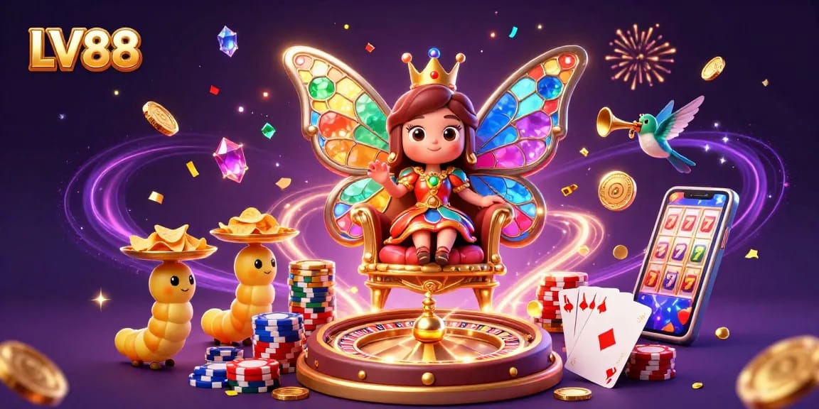 Win big at LV88, featuring a vibrant 3D casino scene with a butterfly queen and unique gaming elements.