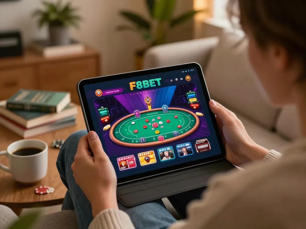 Engaged user playing F8BET on a tablet in a cozy living room, showcasing online casino action.
