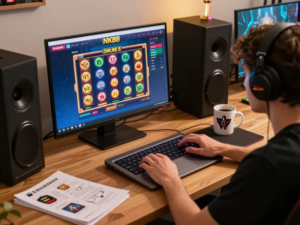Player using NK88 online casino on laptop, engaging with thrilling slots game at cozy workspace.