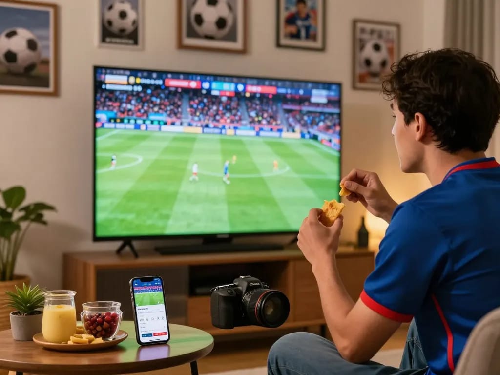 Football fan enjoying live streaming on https://luongson117.tv/ with vibrant home atmosphere and engaging sports experience.