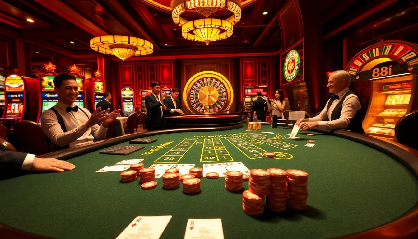 Players enjoying a vibrant casino atmosphere with blackjack, showcasing excitement for 88i.