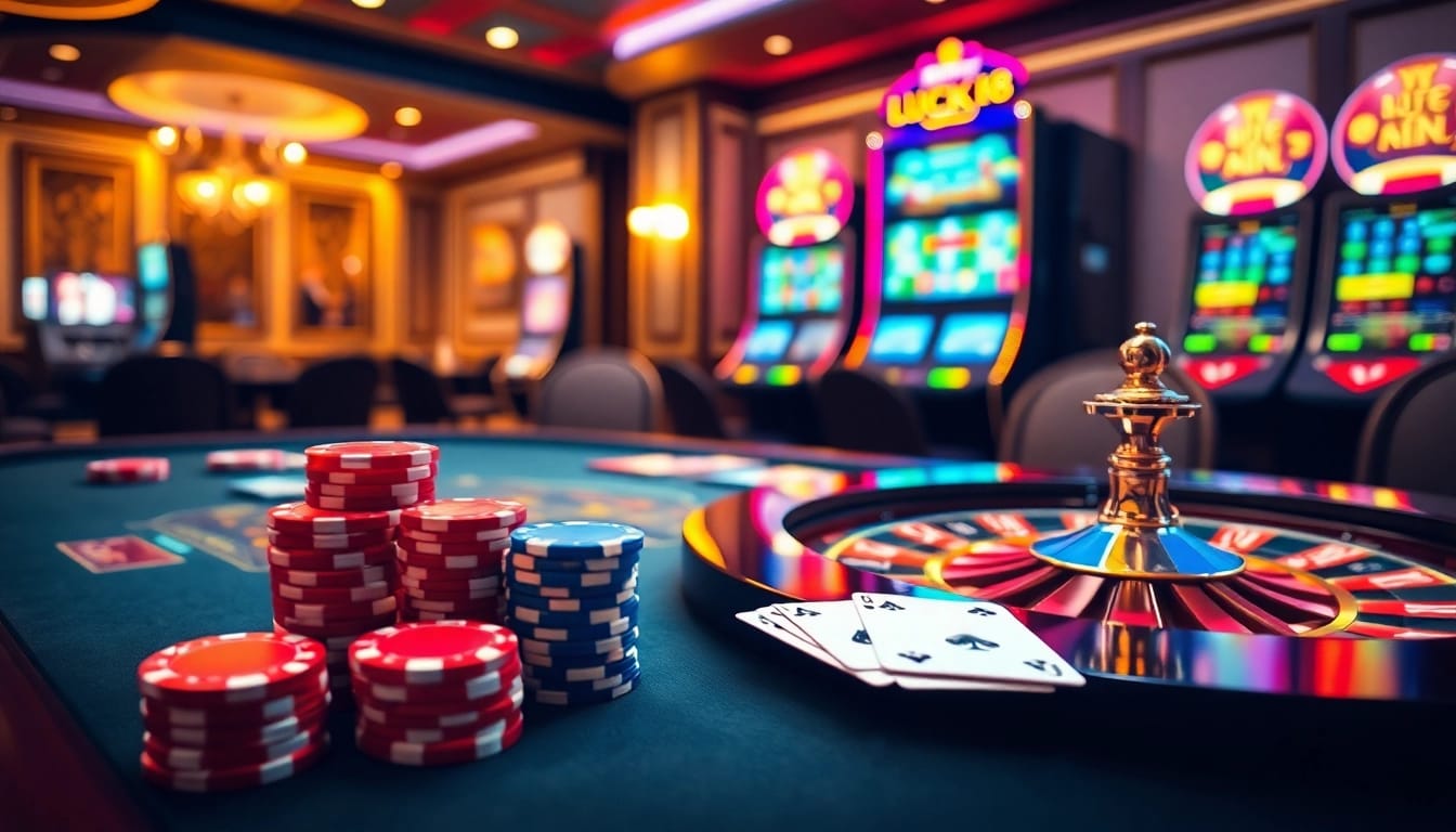 Exciting casino scene with LUCK8 elements, featuring vibrant poker chips and lavish roulette wheel.