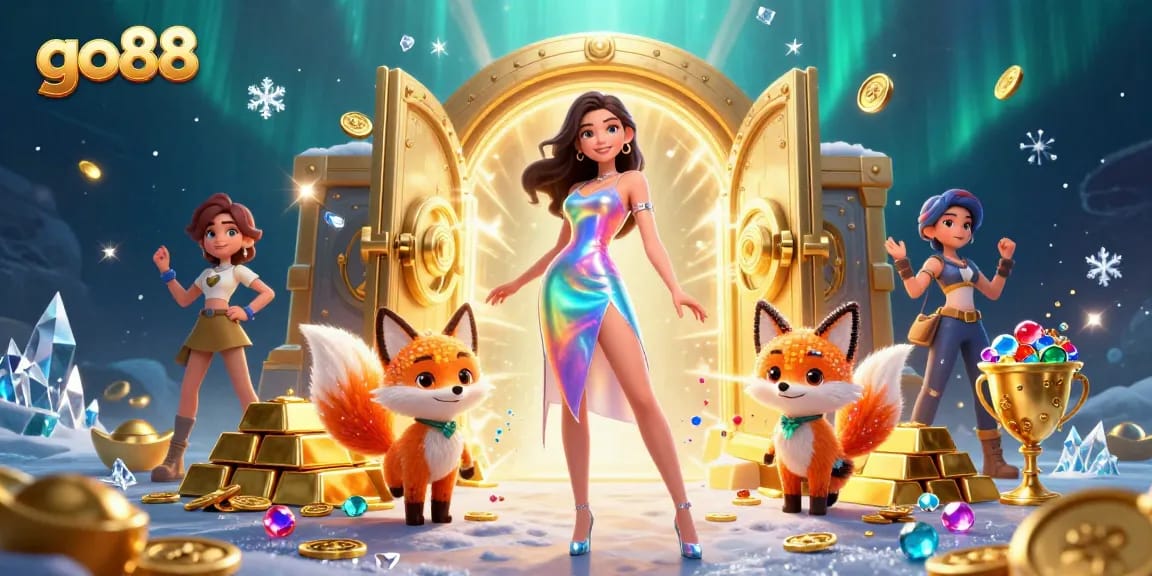 Experience the excitement of go88 as vibrant characters play games amidst dazzling treasures in a dynamic casino scene.