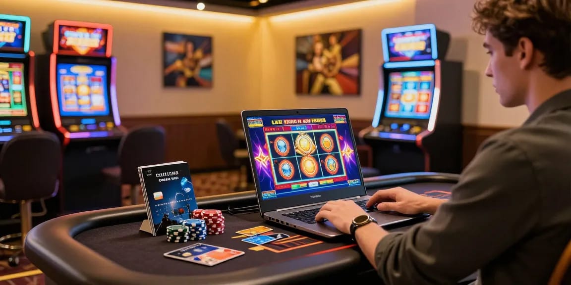 Player enjoying credit card slots on a laptop with casino decor, highlighting excitement of online gaming experience.