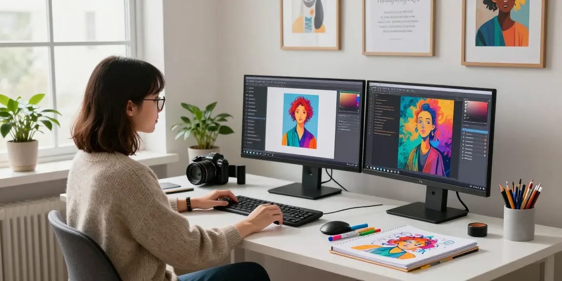 Using an image to prompt generator for AI art, an artist at her modern workspace creates vibrant AI prompts.