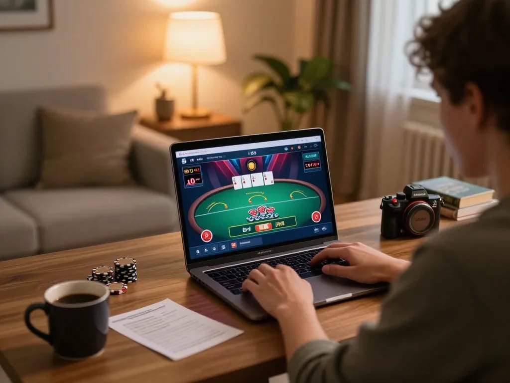 Engaging with online games at Nhà cái BEM88 on a laptop, cozy home setting with poker interface.
