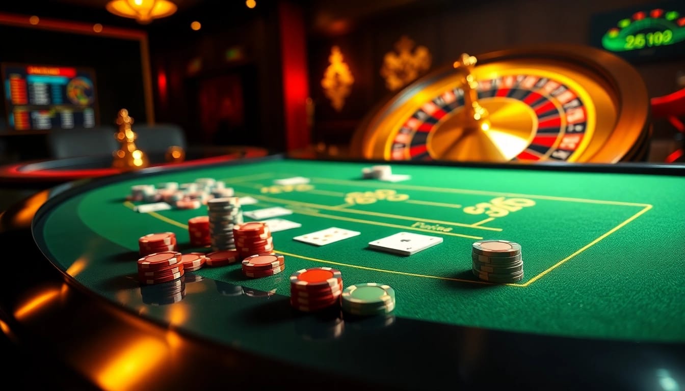 Exciting casino scene showcasing game bài đổi thưởng with players at a poker table, vibrant poker chips, and roulette wheel.