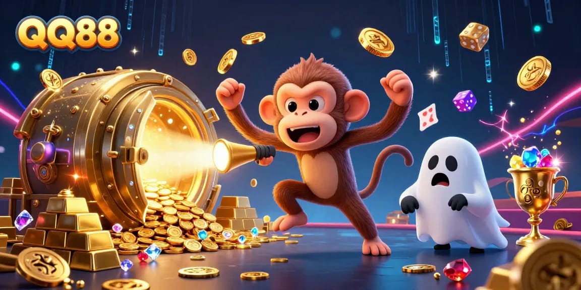 Experience thrilling wins at QQ88 with a playful poltergeist and a curious puppy in a vibrant casino!