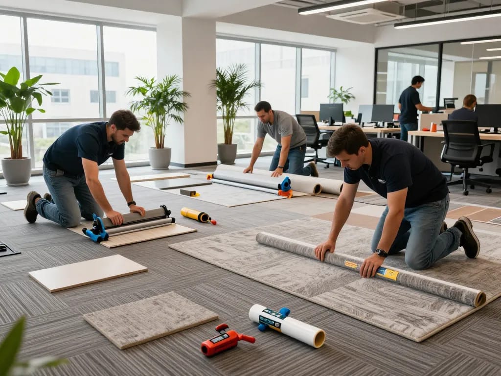 Commercial carpet installation by skilled professionals in a bright office setting with carpet tiles and tools.