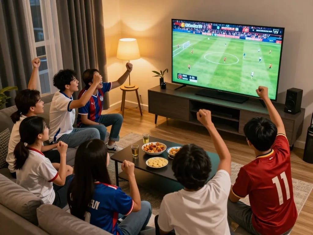 Xoilac TV viewers cheer while watching live soccer match highlights in a vibrant home setting.