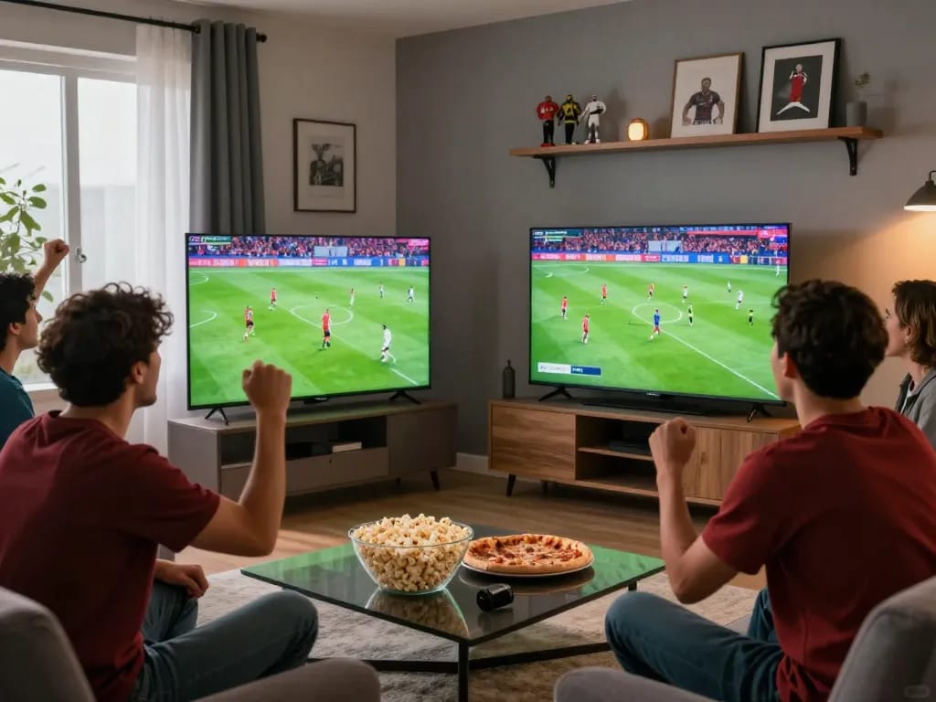 Cakhia sports fans enjoying a live football match in a modern living room, creating an exciting atmosphere.