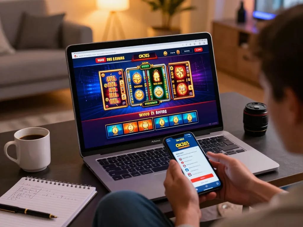 Engaging gameplay at ok365 on a tablet in a cozy home setting, featuring live dealer games and strategy notes.