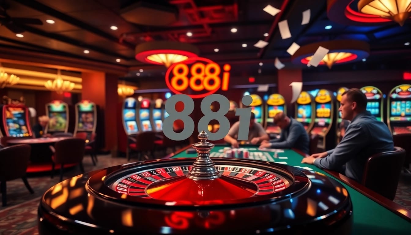Engaged players at a casino table strategizing with 88i branding in the backdrop.