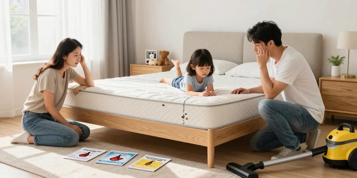 Family checking for bed bugs in their bedroom while discussing bed bug pest control solutions