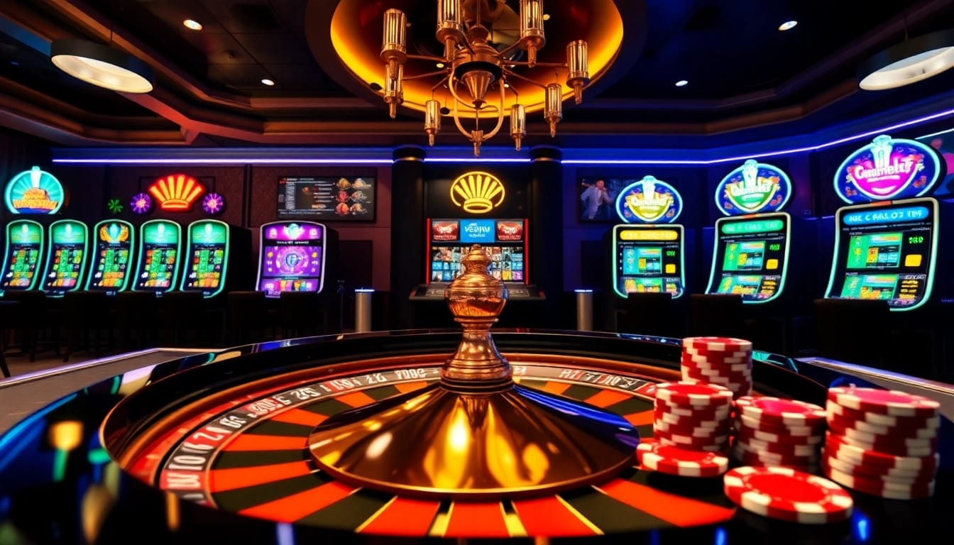 Experience the excitement of winning at https://9win1.online/ with vibrant slot machines and a roulette wheel.