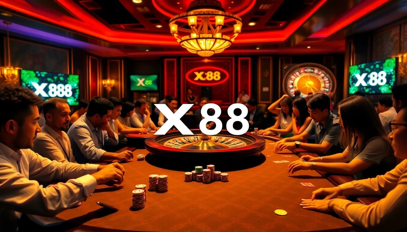 X88 casino scene showcasing thrilling gameplay with poker chips and cards.