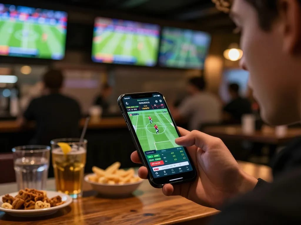 hb88 player actively betting on sports from smartphone at a lively venue with multiple screens.