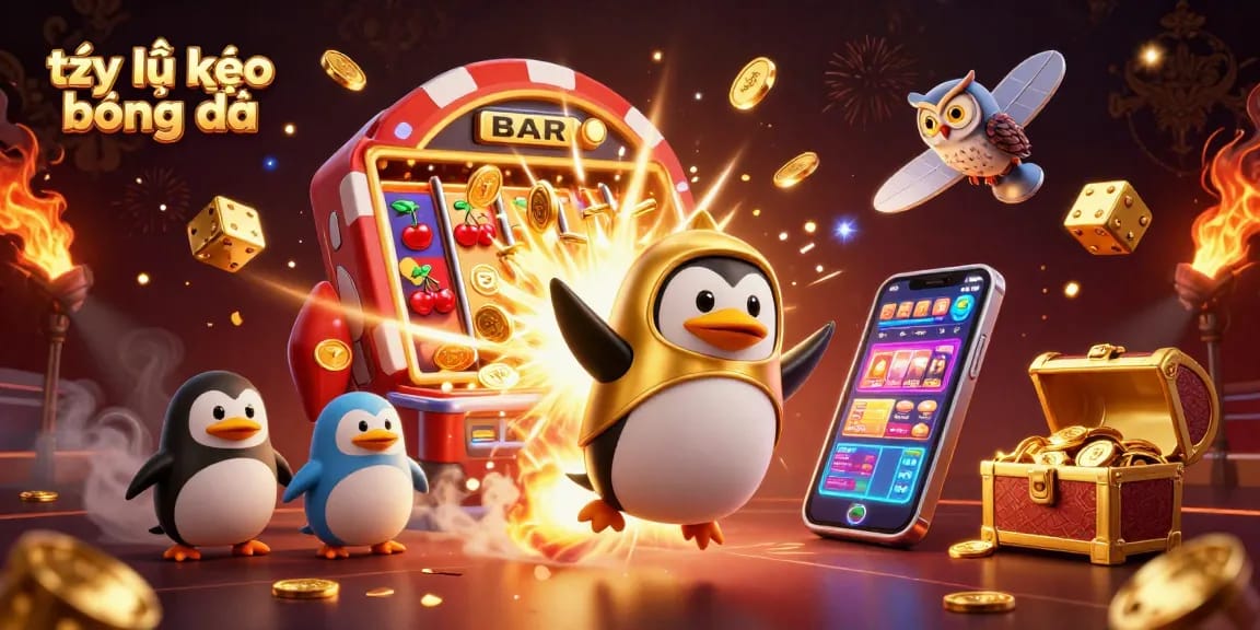 Engage with tỷ lệ kèo bóng đá in a dynamic 3D casino scene with golden penguins and exciting slot machines.