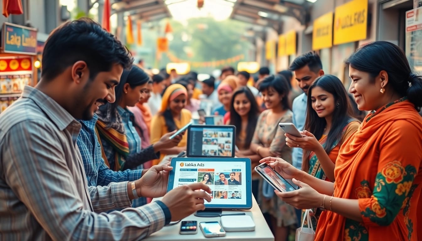 Lanka Ads platform showcasing diverse individuals engaging with online ads in a vibrant digital marketplace.