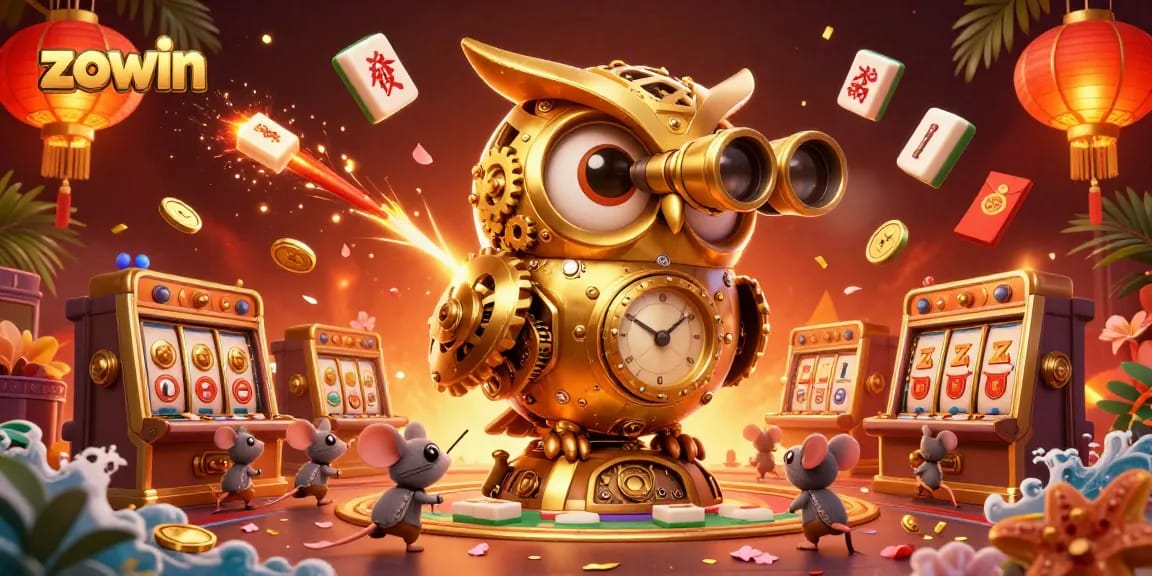 Zowin presents a lively casino scene with a golden owl and vibrant gambling elements enhancing the gaming experience.