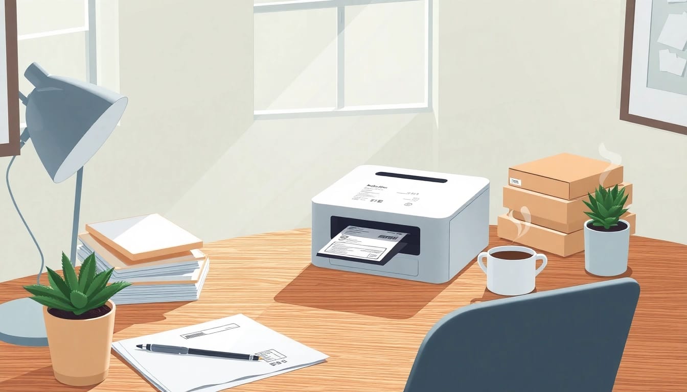 Generate a shipping label using a modern printer in a bright, organized workspace.