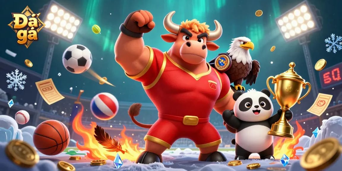 Experience the excitement of Đá gà with an electrifying 3D illustration of champions and dynamic game elements.
