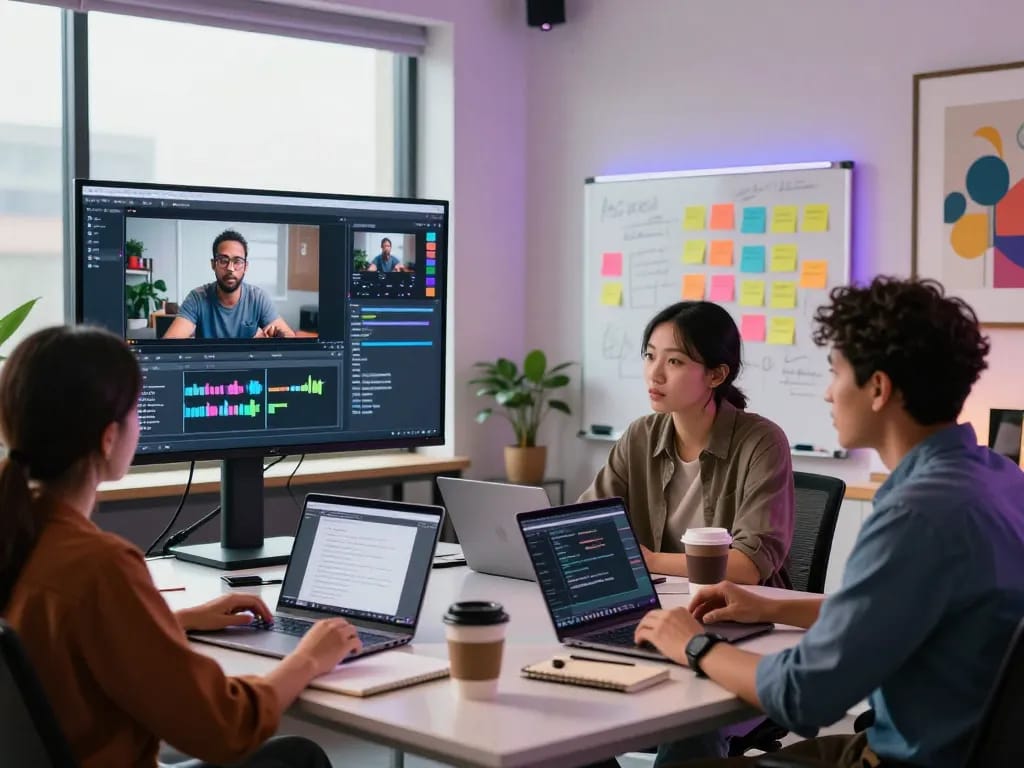 Dynamic workspace scene showcasing video to prompt analysis with professionals collaborating in an innovative studio.