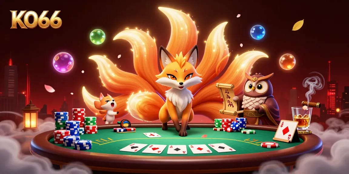 Engage in thrilling poker excitement at KO66, featuring vibrant characters and colorful gaming elements.