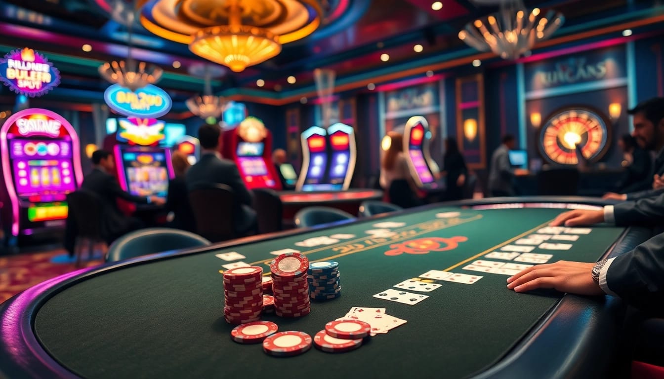 Engage with Ku bet at an upscale casino featuring poker tables, slot machines, and roulette wheels.