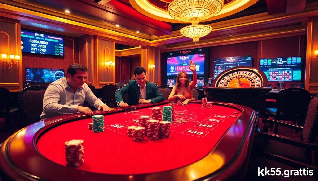 Engaging scene of players betting at a vibrant poker table at https://kk55.gratis/, showcasing excitement and strategy.